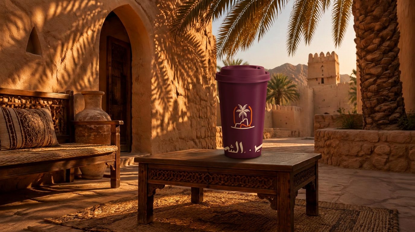 A burgundy Ain Al Shay cup on a carved wooden table in a sunlit heritage courtyard in Al Ain