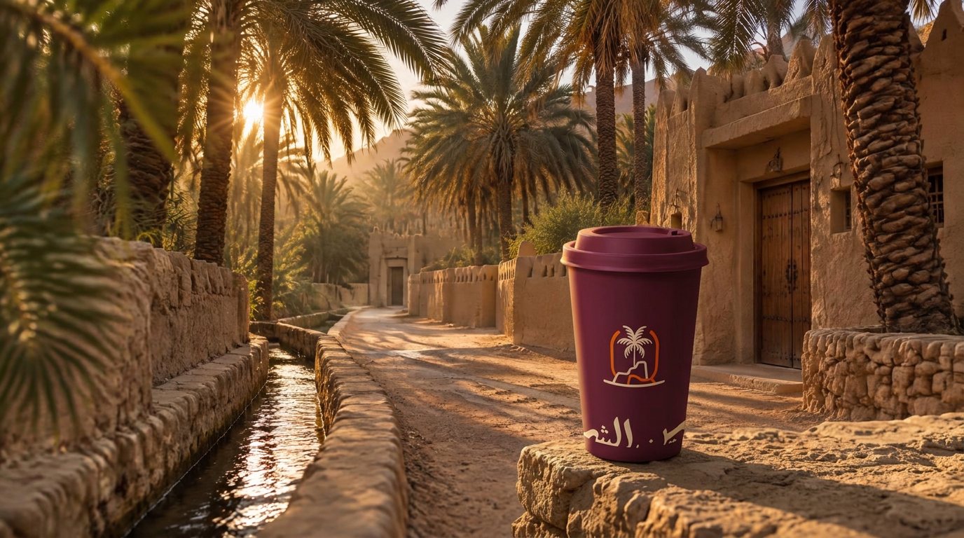 A burgundy Ain Al Shay cup resting on a stone wall in a palm-lined Al Ain oasis at sunset